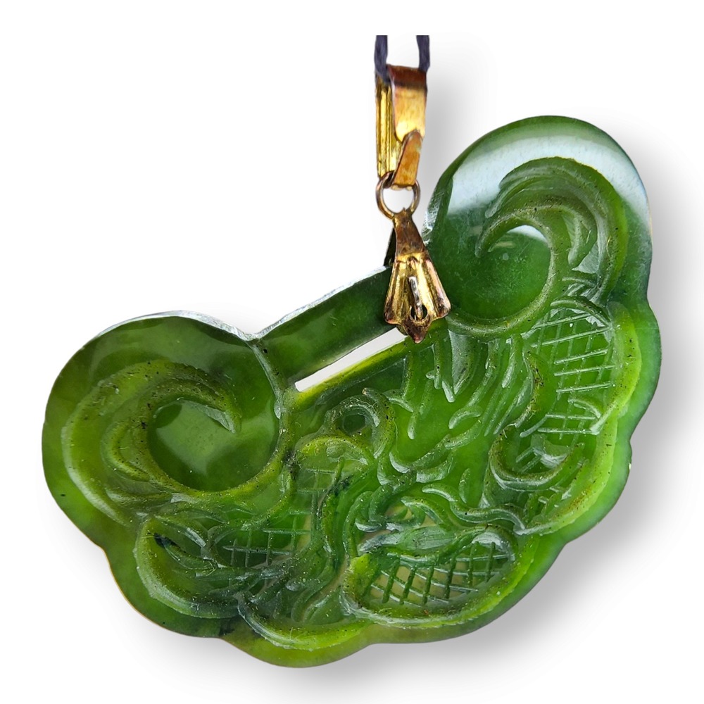 Vintage Carved Dragon Green Jade Pendant Jadeite 9.6g Green Chinese Ruyi Lock